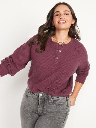 Long-Sleeve Loose Waffle-Knit Henley T-Shirt for Women | Old Navy (US)