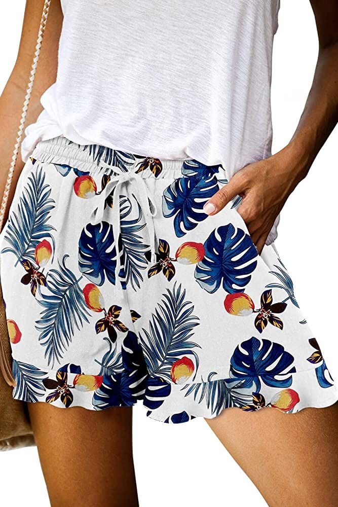 ONLYSHE Womens Casual Shorts Drawstring Elastic Waist Ruffle Hem Summer Shorts Comfy Pocketed Pan... | Amazon (US)