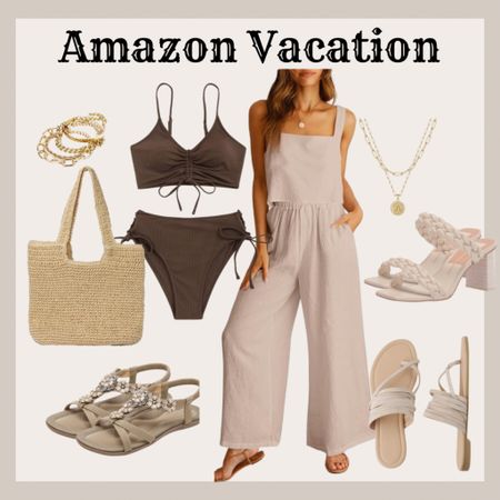 #amazon vacation bathing suits coverup two piece set beach bag sandals 