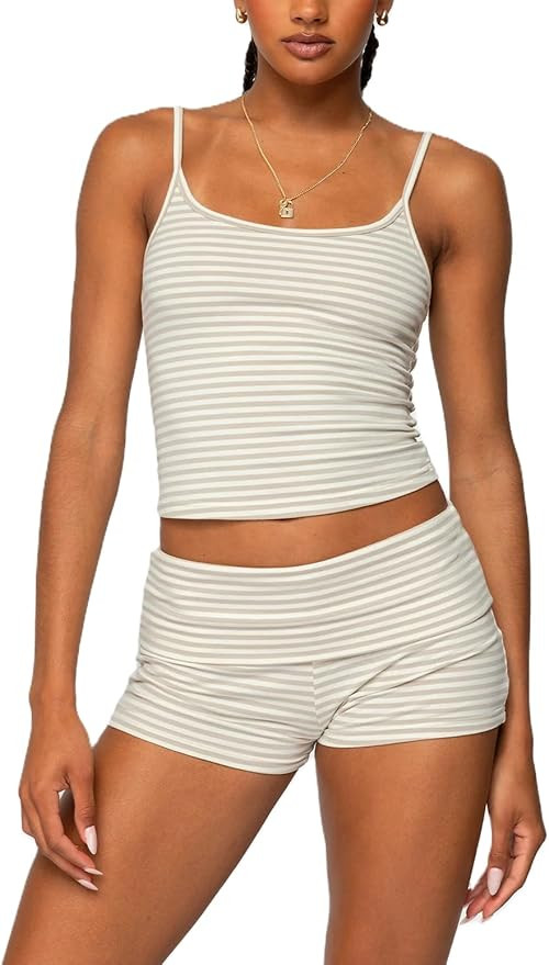 Women 2 Piece Striped Pajama Set Y2k Sleeveless Cami Tank Top and Fold Over Shorts Lounge Set Sle... | Amazon (US)