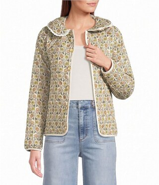 Floral Printed Collared Scoop Neck Long Sleeve Reversible Quilted Jacket | Dillard's