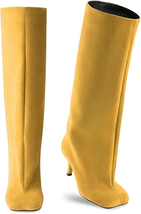 Oh Mispares Women's Nude Suede Knee High Boots - Square Toe Wide Calf Stiletto Low Heels - Fashio... | Amazon (US)