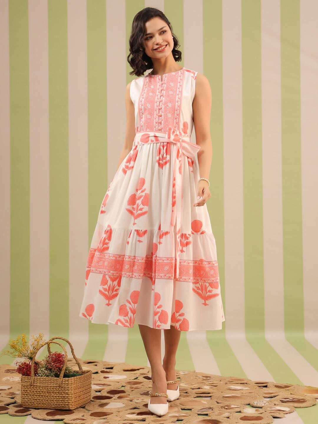 Hand Block Printed Dress | Summer Midi Dress | Cotton Floral Dress Spring| White & Peach Dress| H... | Etsy (US)