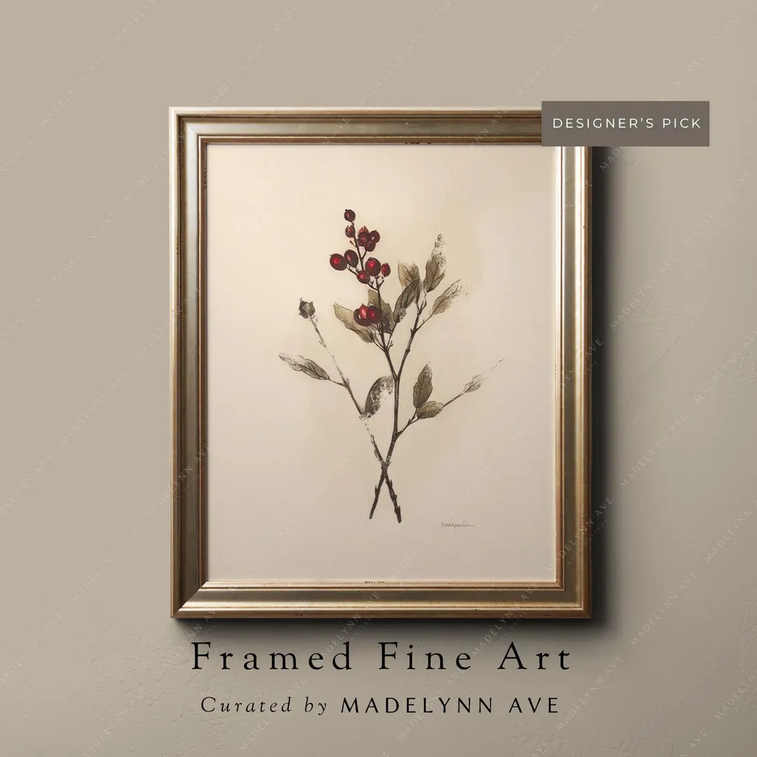 Holly Branch Art Print, Winter Botanical Wall Art Framed & Unframed Vintage Style Christmas Art, ... | Etsy (US)