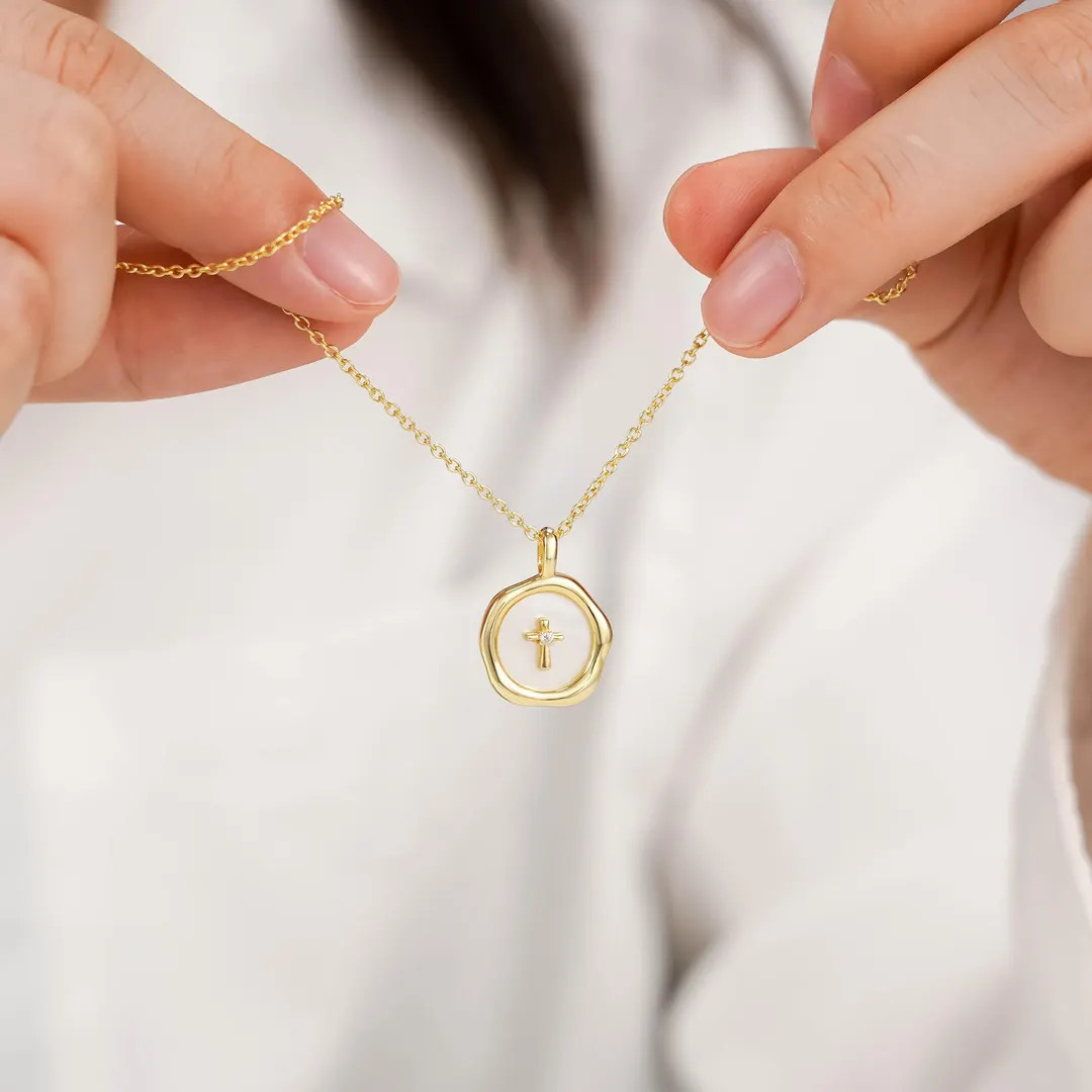 Small Cross Necklace, Mother of Pearl Pendant, 14K Gold 925 Sterling Silver, First Communion Gift... | Etsy (US)