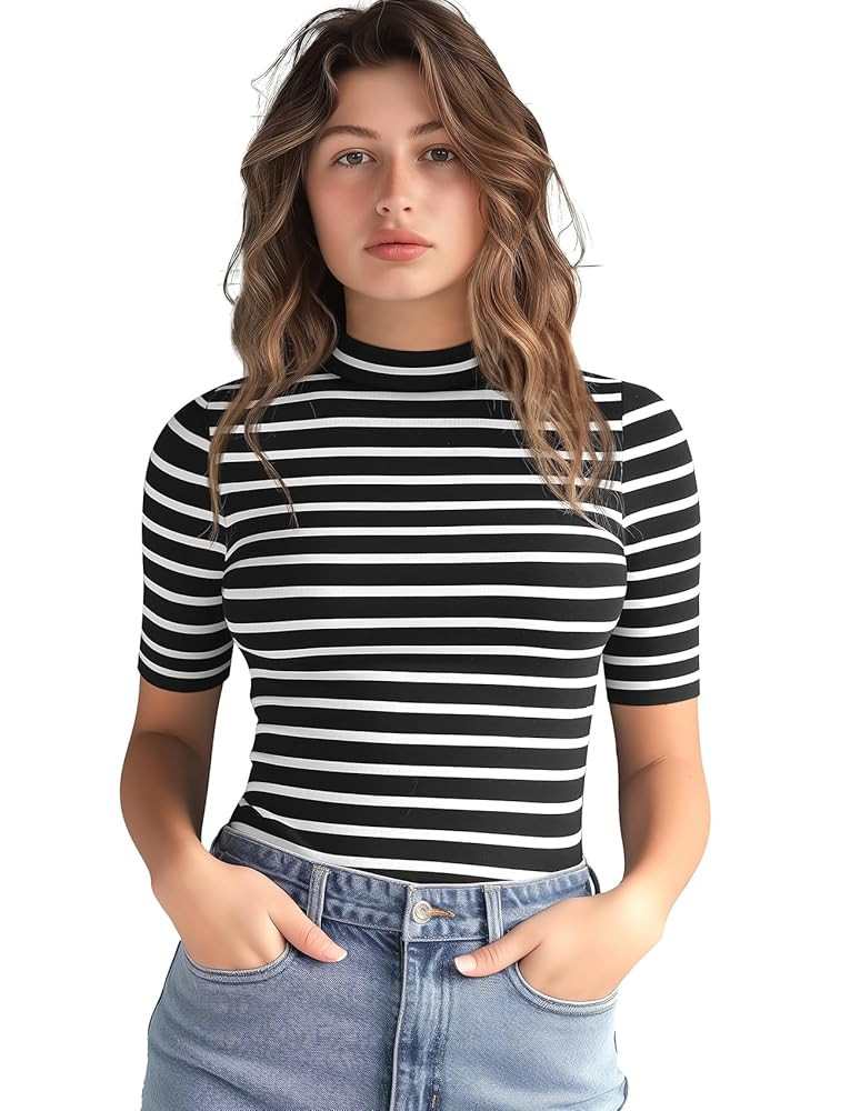 Zengjo Short Sleeve Turtleneck Women Striped T Shirt,Ribbed Mock Neck Top | Amazon (US)