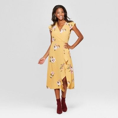 Women's Floral Print Short Sleeve Wrap Ruffle Midi Dress - Xhilaration™ | Target