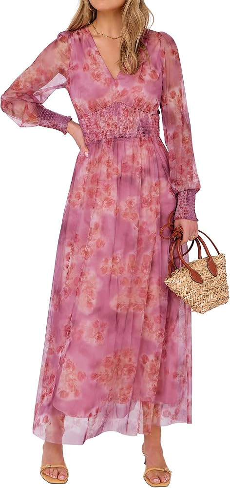 ANRABESS Women's Floral Maxi Dress 2025 Fall V Neck Puff Long Sleeve Flowy Casual Wedding Guest T... | Amazon (US)