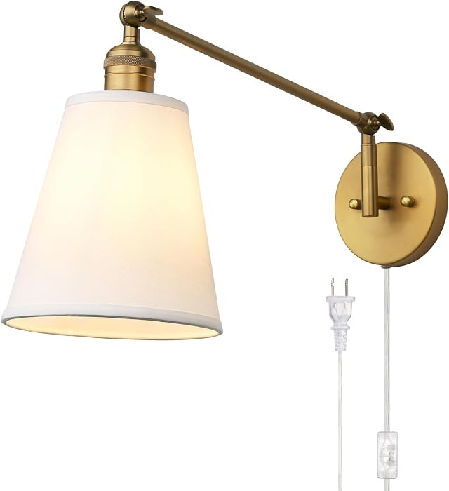 PERMO Retro Swing Arm Wall Sconce Plug in Wall Lamp Single Sconce Light Fixture with White Fabric... | Amazon (US)