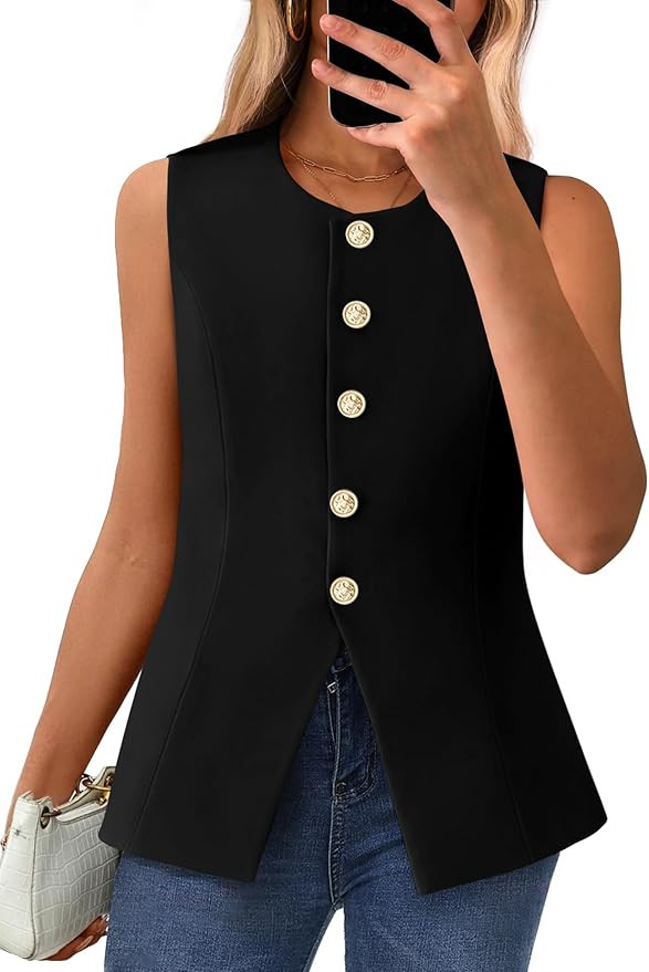 BTFBM Summer Sleeveless Blazer Vest For Women Dressy Button Down Round Neck Business Casual Outfi... | Amazon (US)