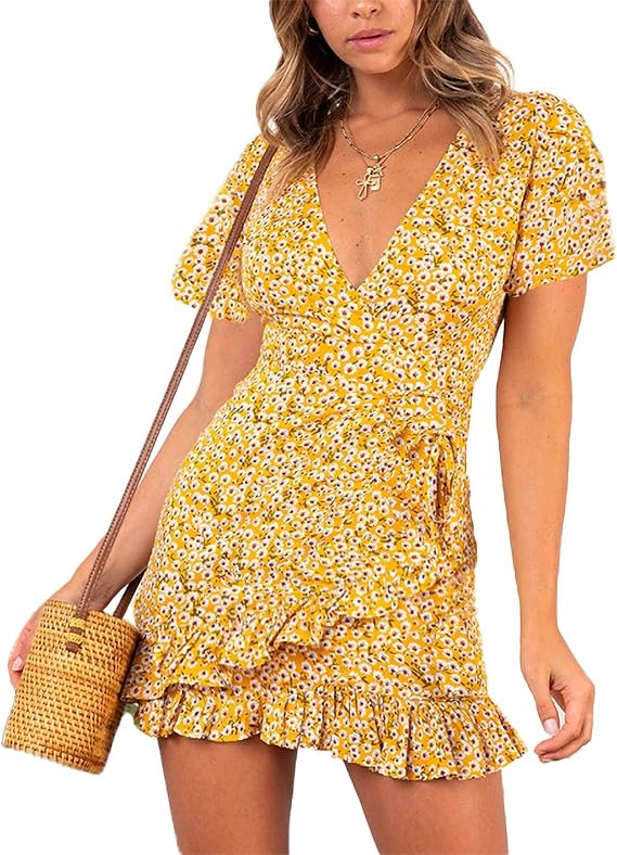 Relipop Summer Women Short Sleeve Print Dress V Neck Casual Short Dresses | Amazon (US)