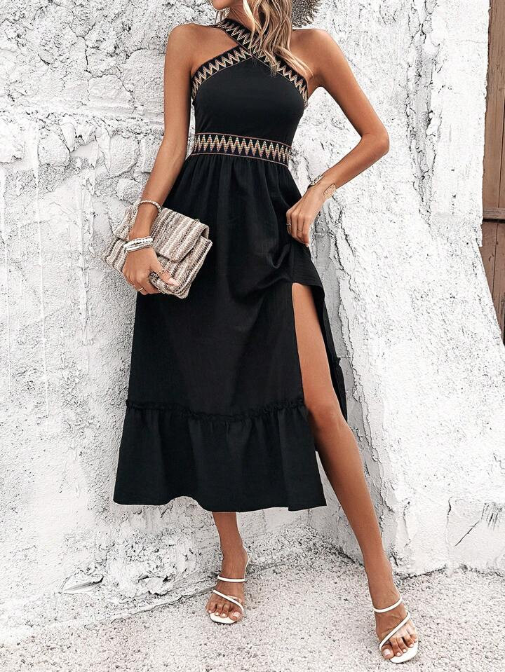 Breezaya Women's Zigzag Pattern High Slit Ruffle Hem Halter Neck Dress Maxi Vacation Beach Outfit | SHEIN