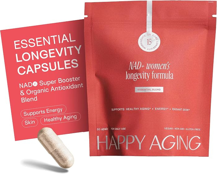 Happy Aging Essential Longevity Formula, NAD+ Super Booster with NR, NMNH & Liposomal β-NAD+, Organic Antioxidant Superfruit Blend for Cellular Energy, Skin Hydration & Daily Vitality, 30 Capsules | Amazon (US)