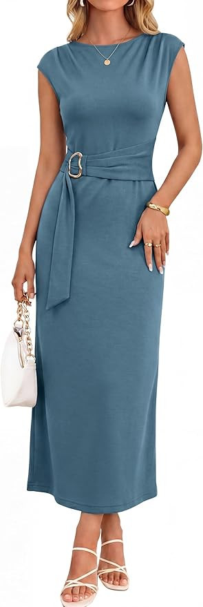 Simplee Womens Summer Casual Cap Sleeve Long Dress Crewneck Elegant Midi Dresses Wedding Guest Co... | Amazon (US)