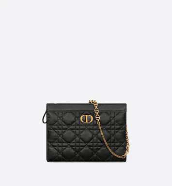 Dior Caro Zipped Pouch with Chain Black Supple Cannage Calfskin | DIOR | Dior Couture
