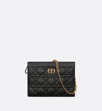 Dior Caro Zipped Pouch with Chain Black Supple Cannage Calfskin | DIOR | Dior Couture