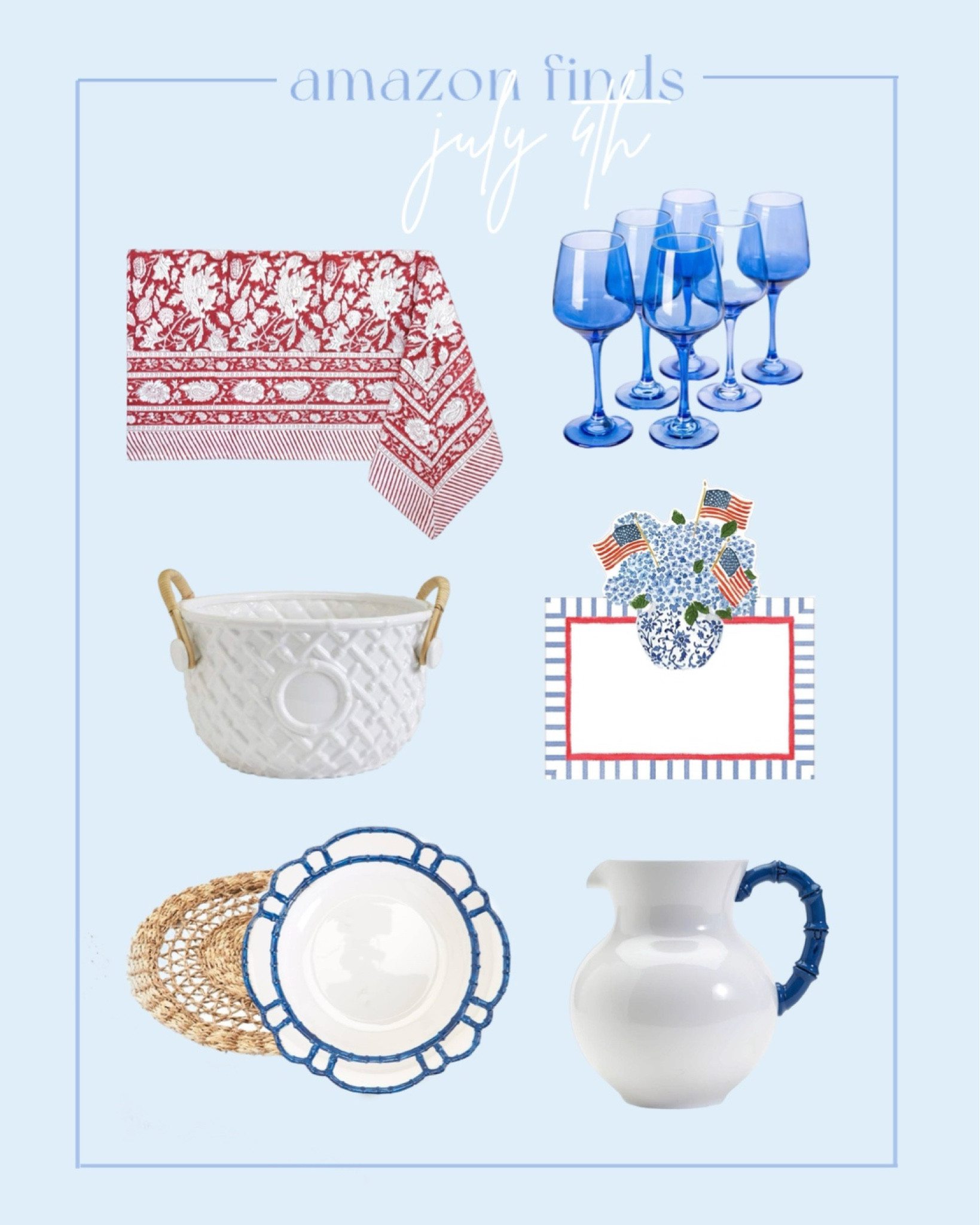 Amazon Finds: July 4th Table scape decor 

Grand millennial decor | grand millennial style | blue and red decor | hosting decor | hosting finds | wine glasses | place cards | table scape | amazon decor | 

#LTKU #LTKHome #LTKSeasonal