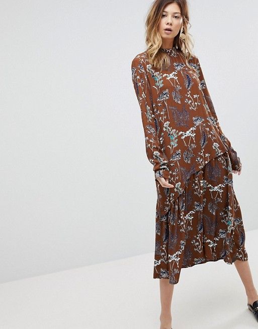 Pieces High Neck Midi Dress In Floral Print | ASOS US