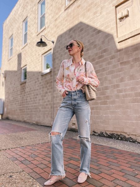Floral blouse, floral print shirt, distressed jeans, mesh crystal ballet flats, rhinestone ballerina flats

#LTKfindsunder50 #LTKfindsunder100 #LTKshoecrush