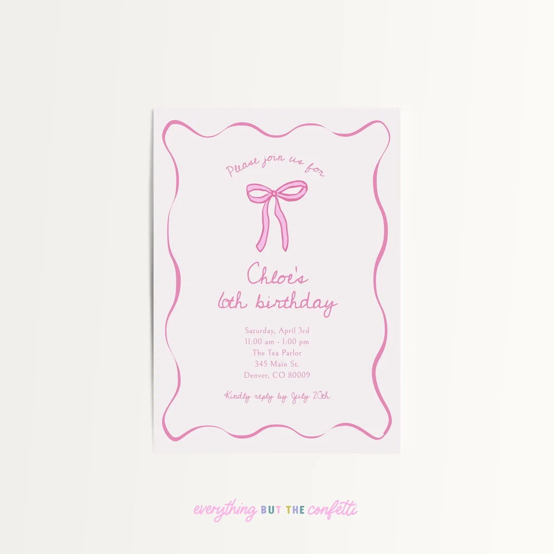 Bows Birthday Invitation Template, Printable Editable Handdrawn Bows Pink Girly Invitation Templa... | Etsy (US)