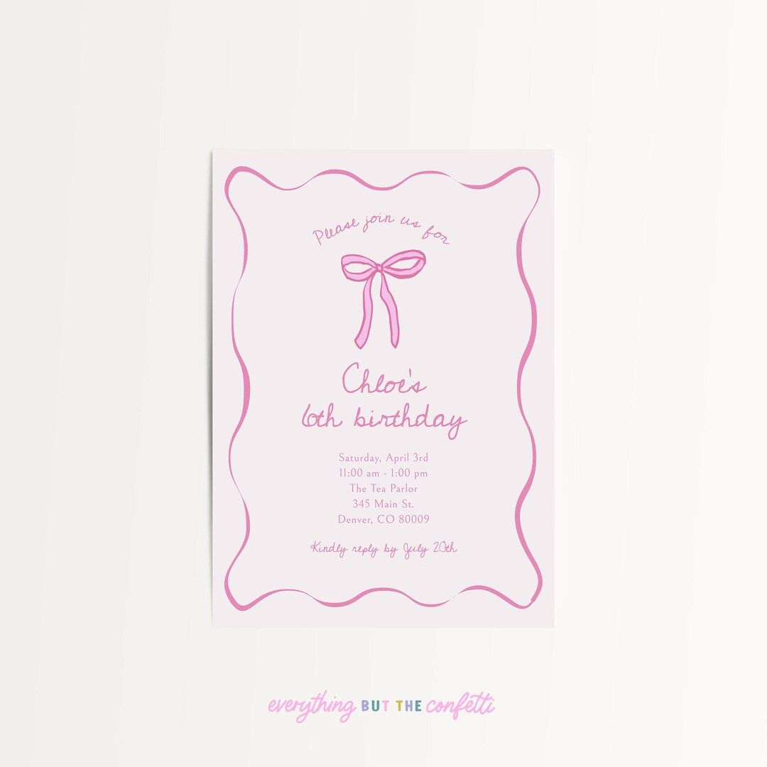 Bows Birthday Invitation Template, Printable Editable Handdrawn Bows Pink Girly Invitation Templa... | Etsy (US)