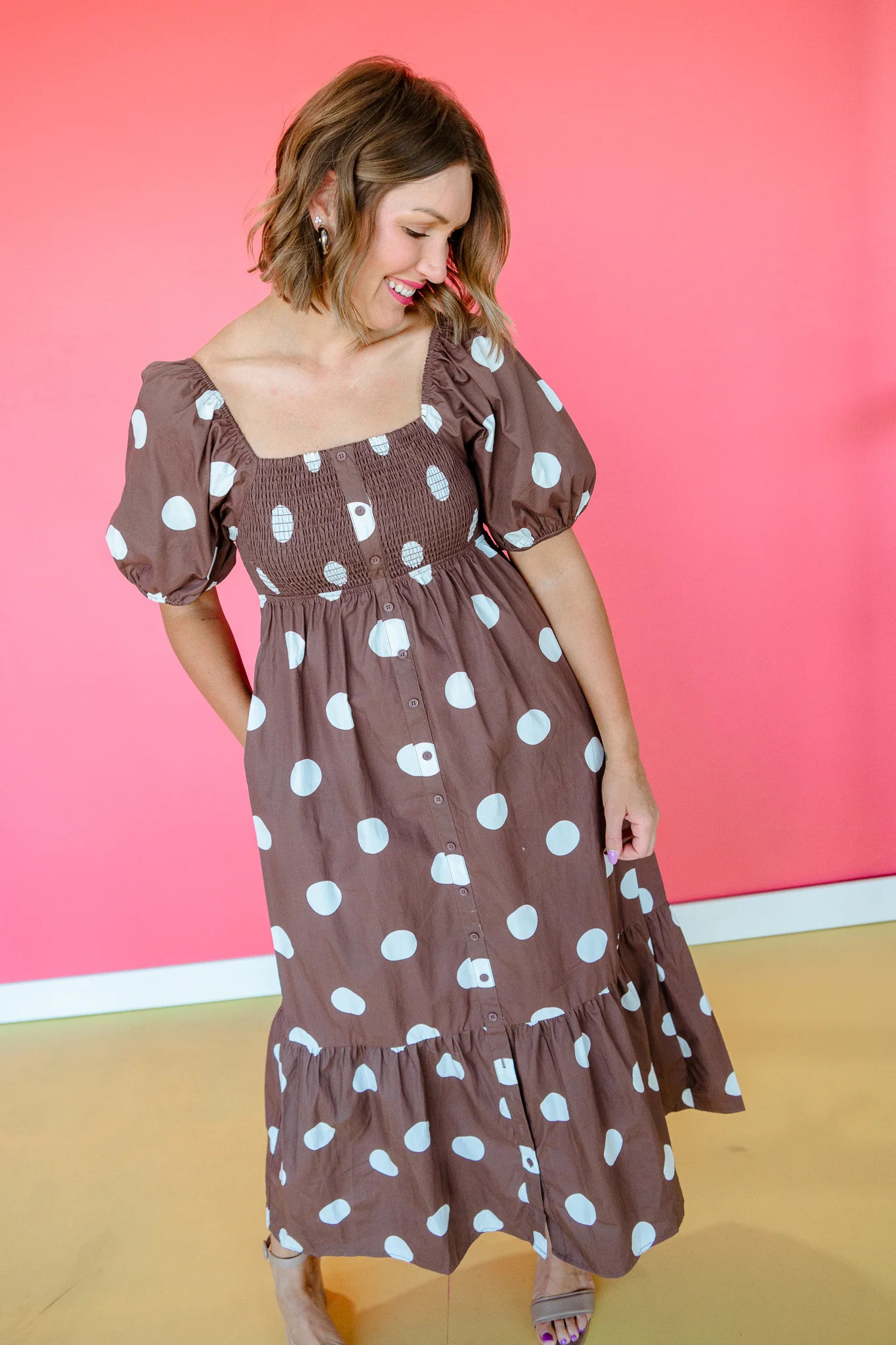 Rowan Polka Dot Maxi Dress - Coffee/Cool Brown | MyEllement Boutique