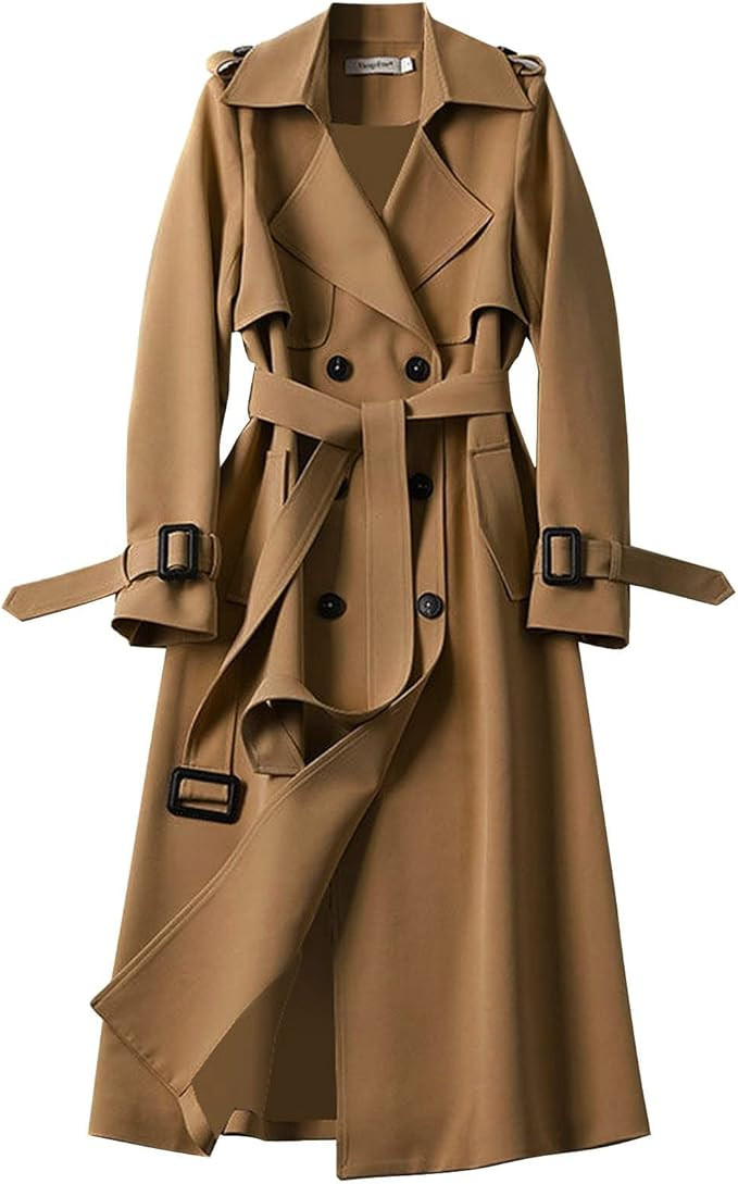Women's Trench Coat Long Double Breasted Jacket Classic Elegant Windproof Lapel Overcoat with Bel... | Amazon (US)