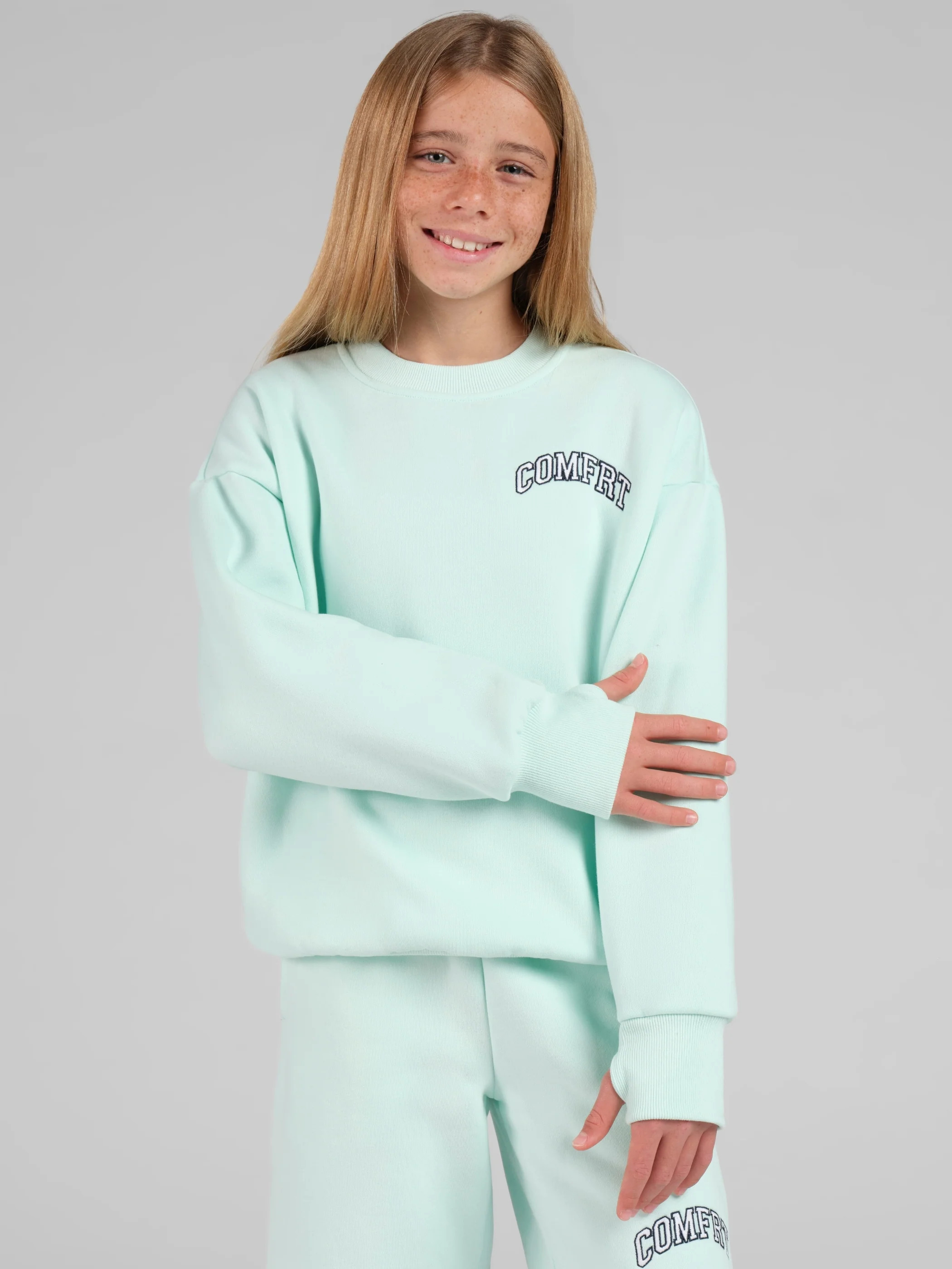 Comfrt Varsity Kids Logo Crew Sweatshirt | Aqua Mist | Oversized | XL | Comfrt