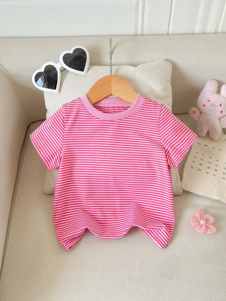 SHEIN Playful Pals Baby Girl Classic Casual Loose Comfortable Neutral Striped Short Sleeve T-Shirt For Everyday Wear | SHEIN