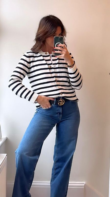 Spring style, spring fashion, outfit inspiration, Striped Top cardigan, Wide Leg Jeans, Gucci Belt 

#LTKSeasonal #LTKstyletip