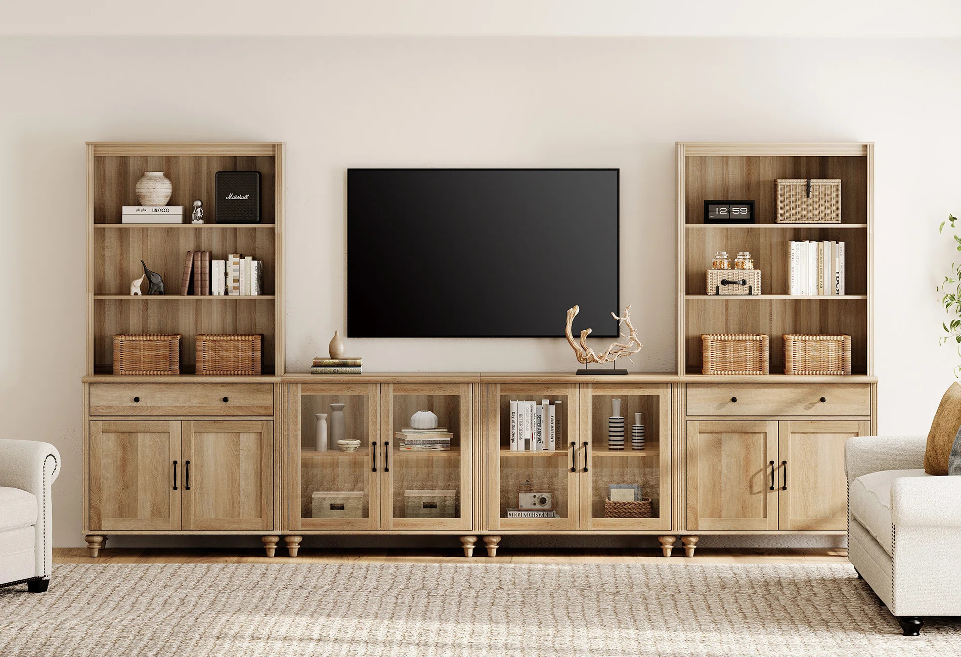 Scarlett Entertainment Center With Bookshelves For Tvs, Farmhouse Wall Unit TV Stand With Glass D... | Wayfair North America