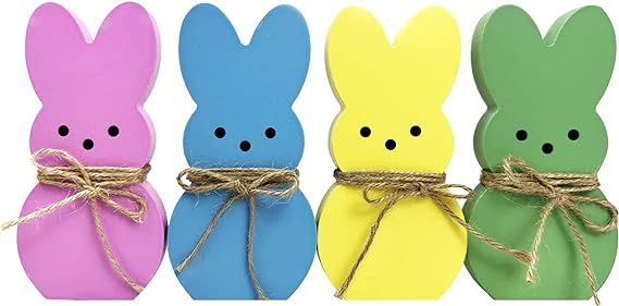 4Pcs Easter Wooden Sign Pink Blue Yellow Green Easter Bunny Wooden Table Centerpieces with Jute R... | Amazon (US)
