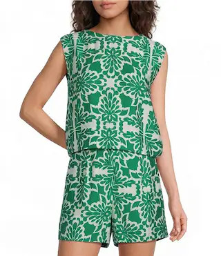 Printed Crew Neck Sleeveless Coordinating Top | Dillard's
