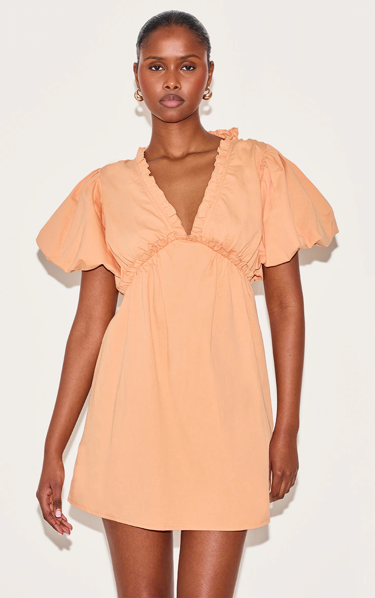 Orange Cotton Gathered A-line Dress | PrettyLittleThing US