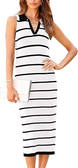 PRETTYGARDEN Women's Summer Dresses 2024 Collar V Neck Sleeveless Midi Dress Causal Stripes Ribbe... | Amazon (US)
