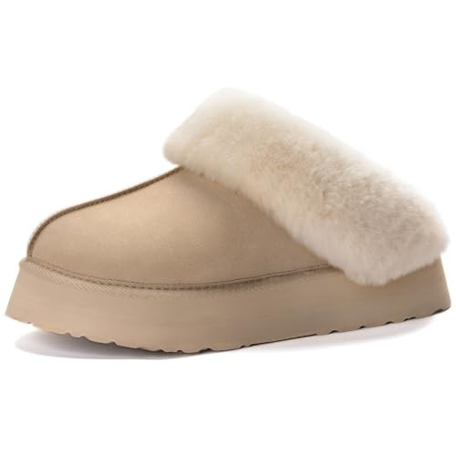 LazyStep Women's Moody Fuzzy Platform House Slippers, Mini Boots with Comfort Memory Foam, Slip-on Warm Fluffy Outdoor Indoor House Shoes(FW2024, Parchment, Size 4.5) | Amazon (US)