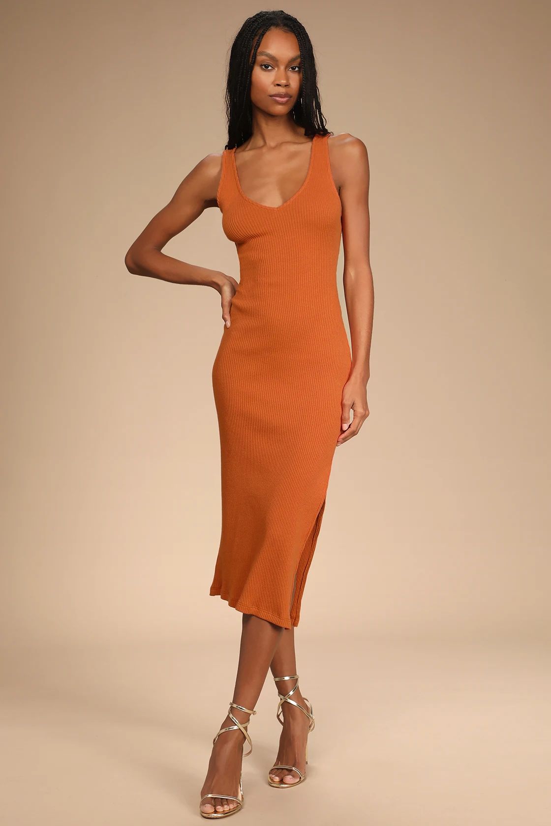 Beauty in Simplicity Rust Orange Ribbed Bodycon Midi Dress | Lulus