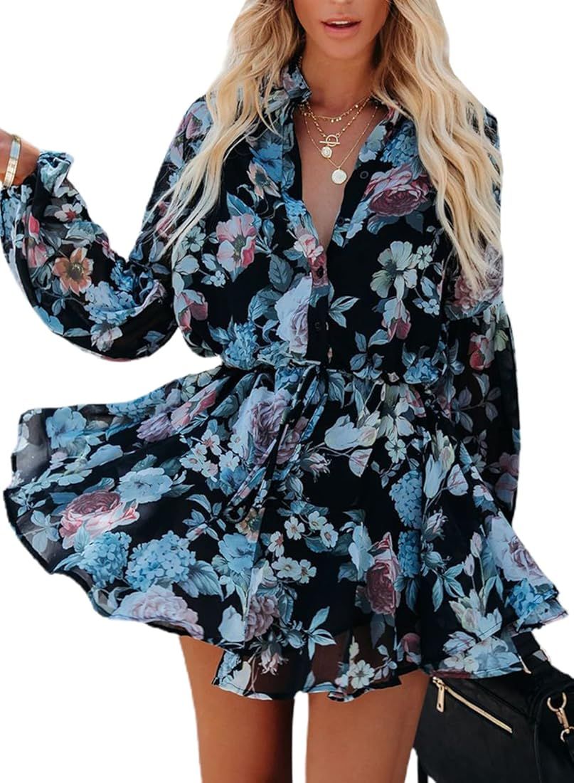 AlvaQ Womens Fall Summer Ruffle Lantern Sleeve Button Down Tie Waist Floral Print Swing Mini Dres... | Amazon (US)