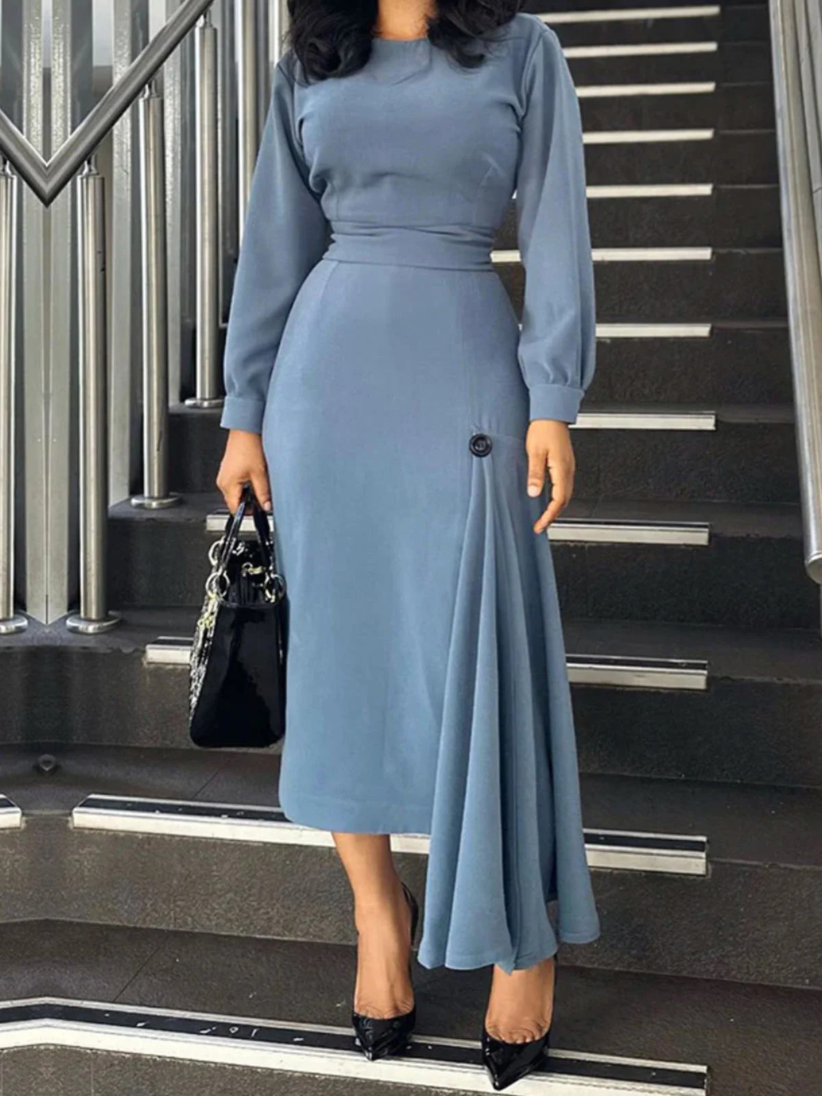 Elegant  Crew Neck Regular Fit Plain  Long Sleeve Dress | Stylewe