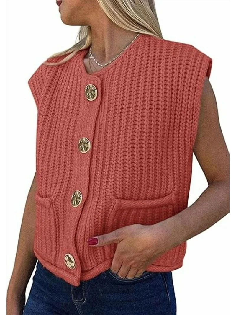 PRETTYGARDEN Women's Summer Sweaters Vest Sleeveless Button Down Cropped Pockets Chunky Knit Card... | Walmart (US)
