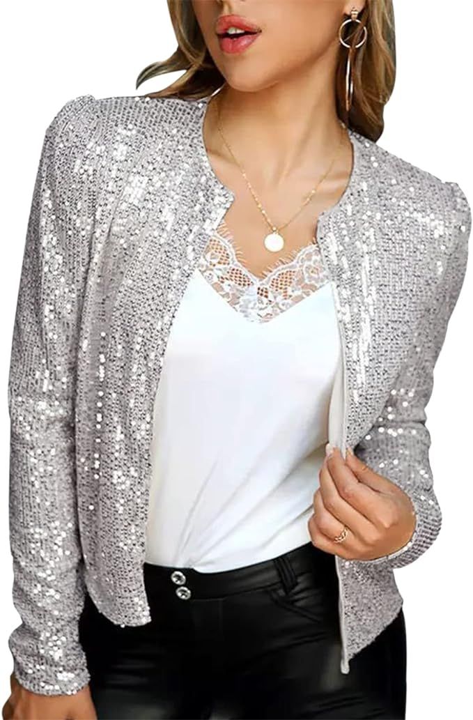 Womens Sparkly Sequin Open Front Blazer Coat Puff Long Sleeve Crop Jacket | Amazon (US)