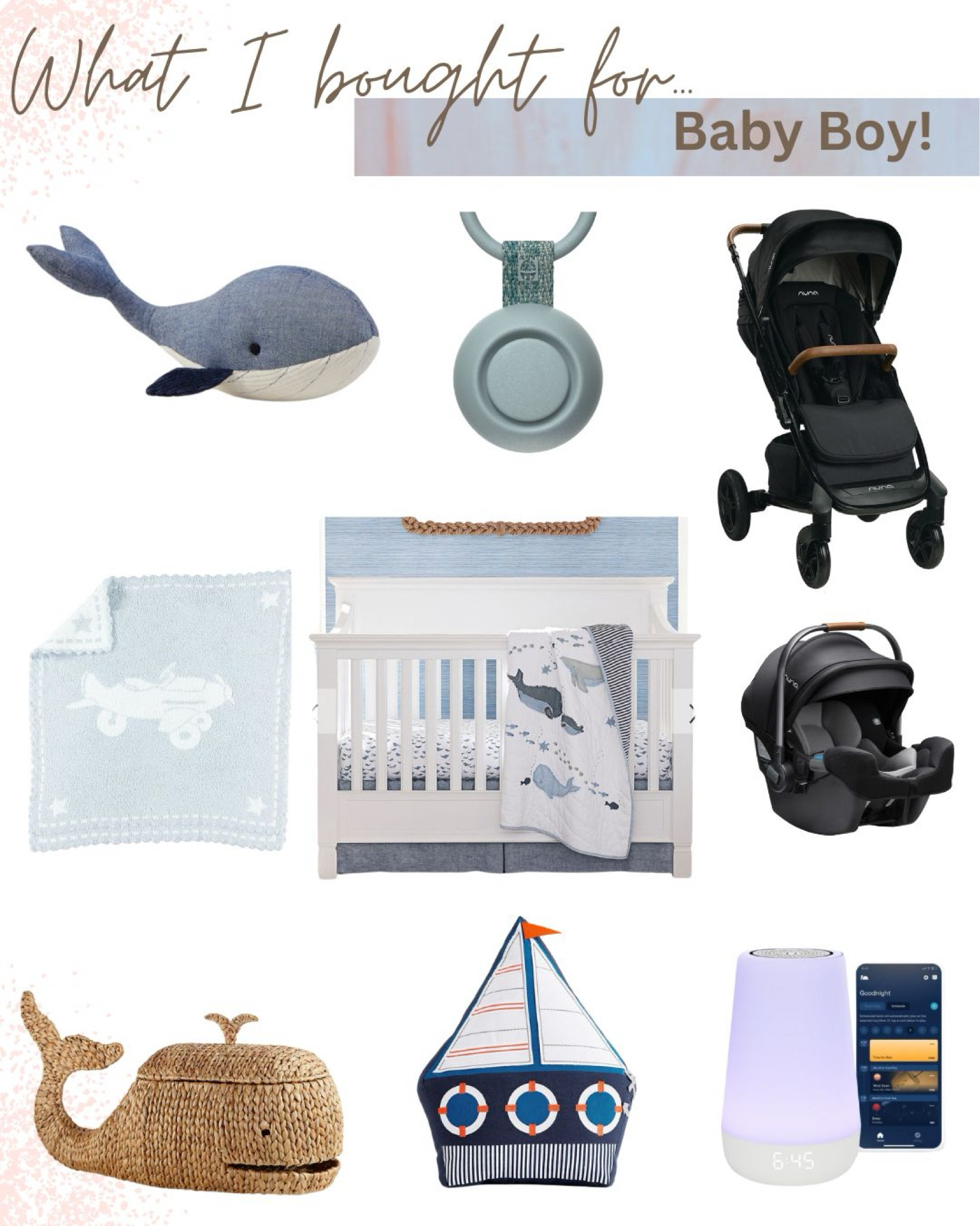 What I bought so far for baby boy #2! Cutest whale and nautical nursery decor. The Nuna car seat and stroller, Hatch sound machine and light, whale basket and barefoot dreams baby blanket. 

#LTKsalealert #LTKhome #LTKbaby