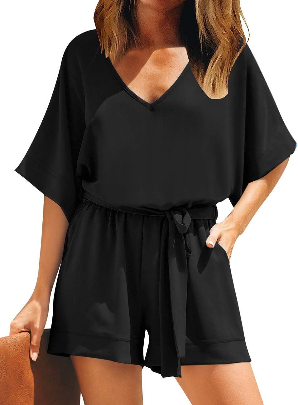 Utyful Women's Summer Casual V Neck 3/4 Bell Sleeve Belted Chiffon One Piece Romper Shorts | Amazon (US)