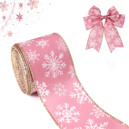 Pink Wired Ribbon, 2.5" x 10 Yards Snowflake Ribbon Pink Christmas Tree Ribbon for Gift Wrapping DIY Bows Christmas Tree Wreath Crafts Decorations | Amazon (US)