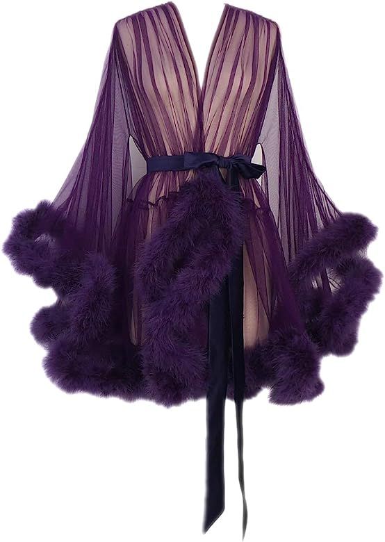 Marabou Robe Sexy Feather Bridal Robe Tulle Illusion Long Wedding Scarf New Custom Made … | Amazon (US)