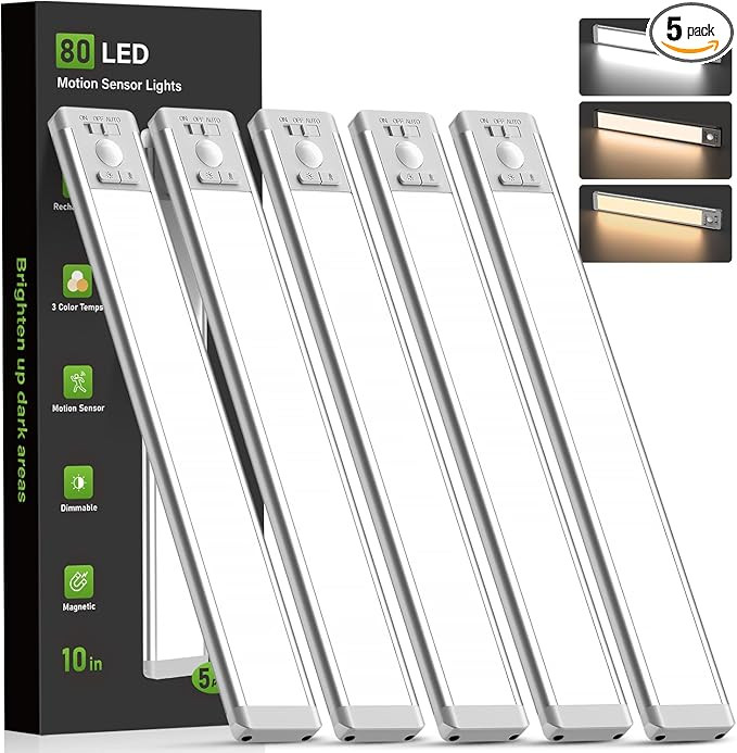 MCGOR 5 Pack 10inch Under Cabinet Lighting, Rechargeable Motion Sensor Light Indoor with 3 Color ... | Amazon (US)