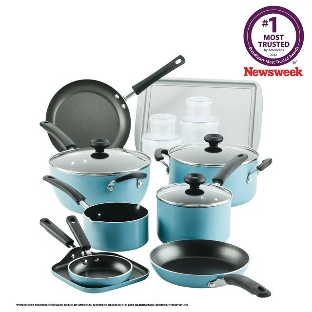 Farberware Easy Clean Aluminum Nonstick 20 Pc. Cookware Pots and Pans Set, Aqua | Walmart (US)