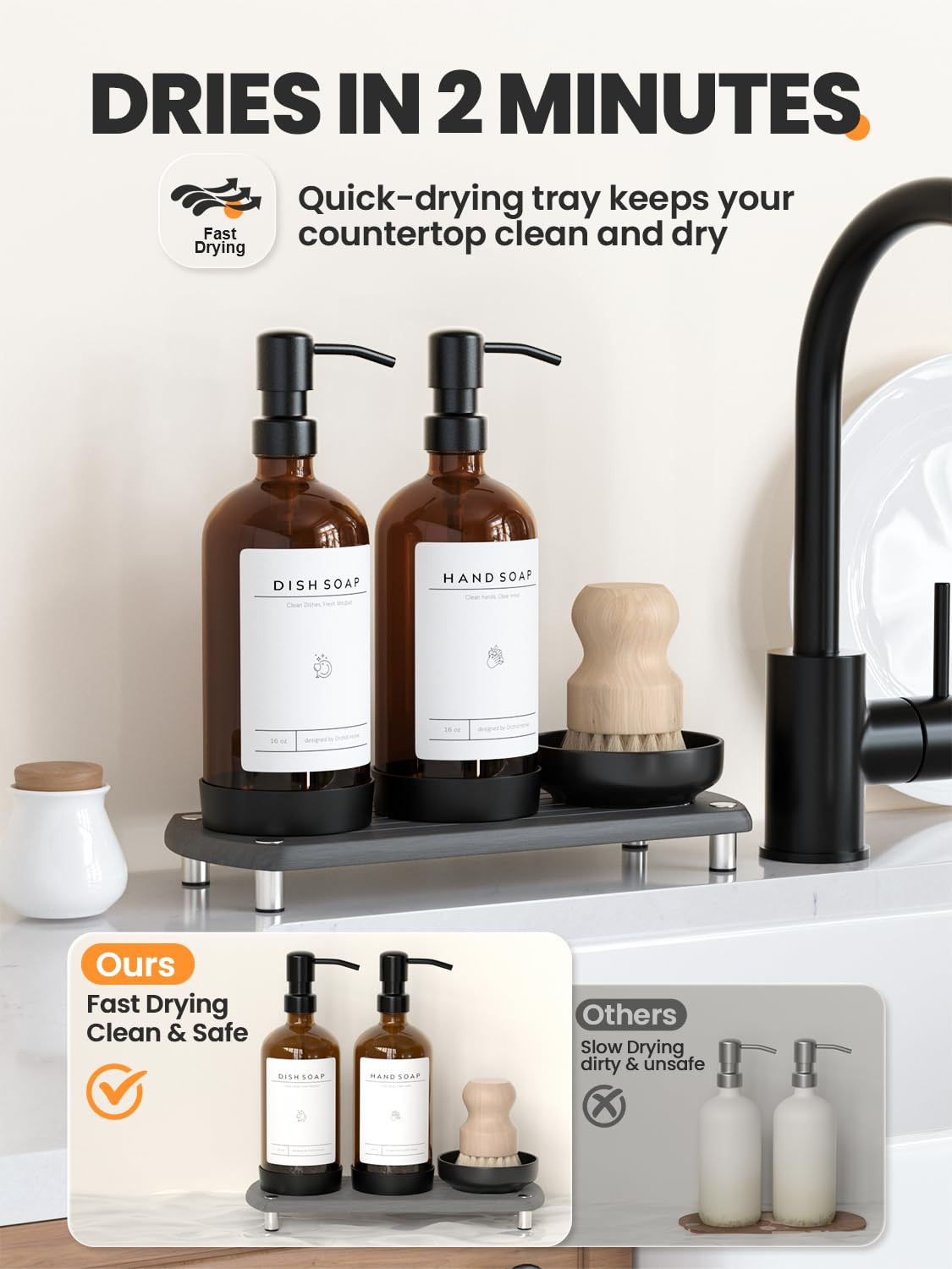 [Luxury] Kitchen Soap Dispenser Set - 16OZ Amber Glass Bottle, Stainless Steel Pump, Instant Dry ... | Amazon (US)