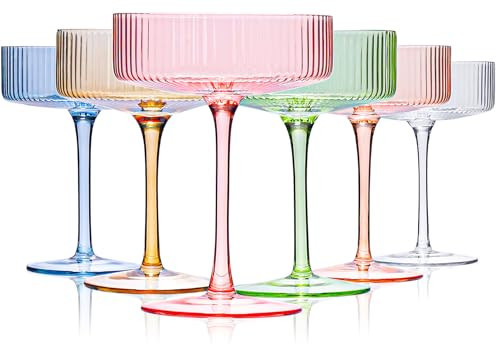 Colored Coupe Glasses Set of 6 Vintage Art Deco Colorful Champagne Coupe glasses 9 oz,Ribbed Martini Cocktail Glasses|Colored Coupe Cocktail Glasses Set for Espresso,Martini,Champagne,Cocktail | Amazon (US)