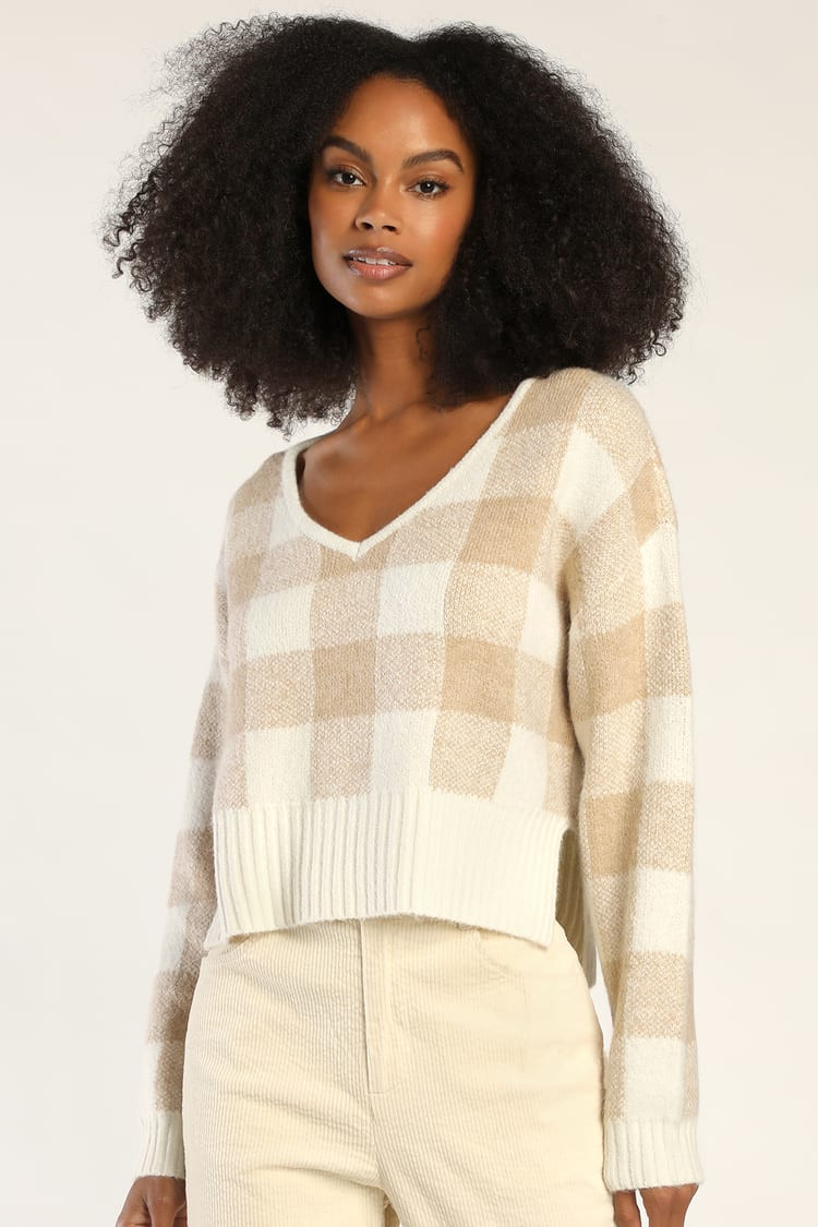 Cozy Daydream Beige and Ivory Checkered Pullover Sweater | Lulus (US)